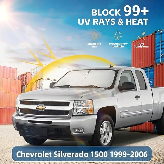 Windshield Sun Shade for Chevy Silverado 1500 1999-2006 Sunshade Front Window Shade Custom Fit Silverado 1500 Accessories Sun Visor Foldable Shade Blocks UV Rays Accessories