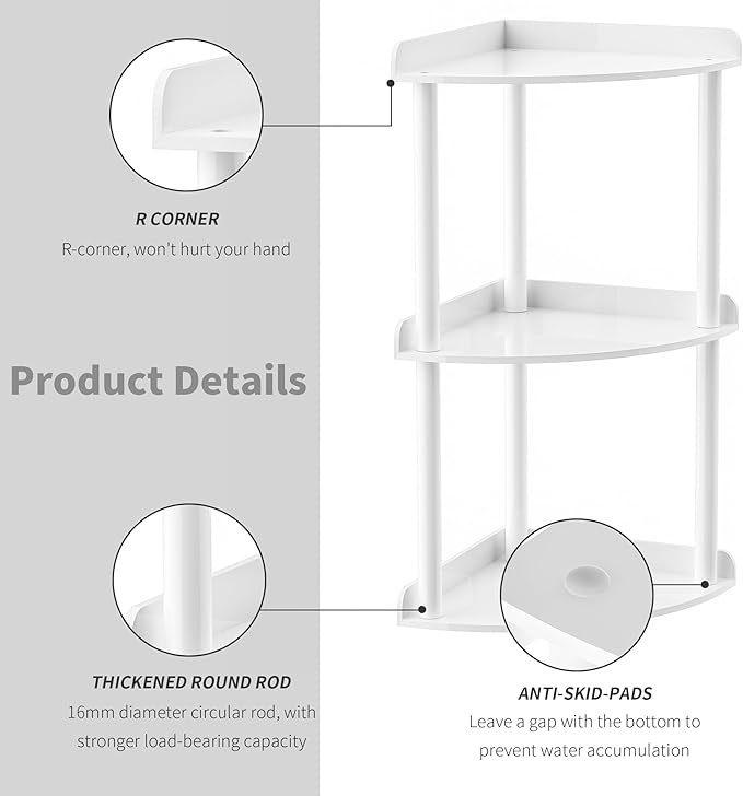 Sezanrpt 3 Tier Countertop Corner Organizer Shelf 7x7x15.7 Inch, White Countertop Acrylic Bathroom Corner Shelf, Vanity Stora