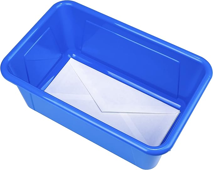 Storex Small Cubby Bins – Plastic Storage Containers for Classroom with Non-Snap Lid, 12.2 x 7.8 x 5.1 inches, Blue,(62408U05
