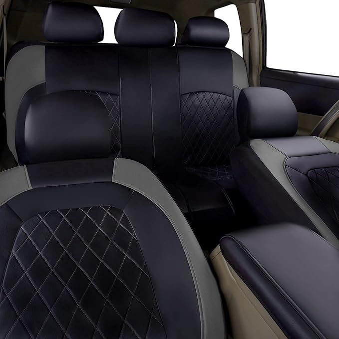 Universal Deluxe Pu Luxury Vinyl Faux Leather Car Seat Covers Full Set, Airbag Compatible, Breathable, Fit for Most Sedans, V