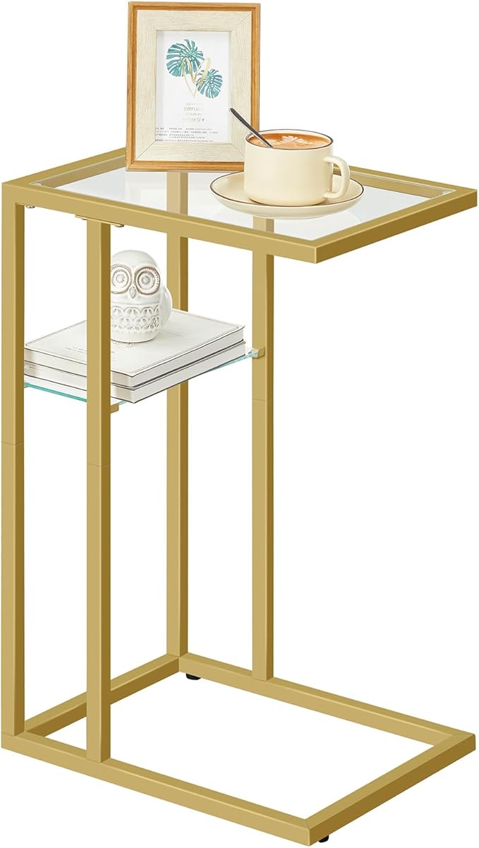 HOOBRO Floating Shelves for Wall and C Shaped End Table, 15.4" Wall Mounted Shelves Set of 2, Small Side Table for Couch, Gol