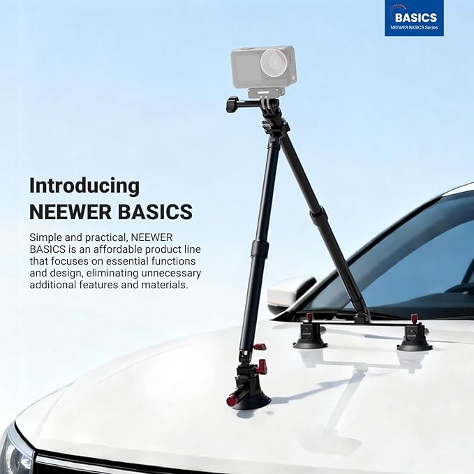 NEEWER Triple Suction Cup Car Mount Kit, Two 24" Aluminum Alloy Extension Poles, NATO Rail, Action Camera Adapter Compatible with GoPro DJI Insta 360, Max Load 2.2 lb, CA166