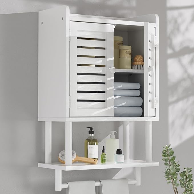 AmazerBath Bathroom Wall Cabinets, Bamboo Medicine Cabinets with Towel Bar, Hanging Over The Toilet Storage Cabinet with Adju
