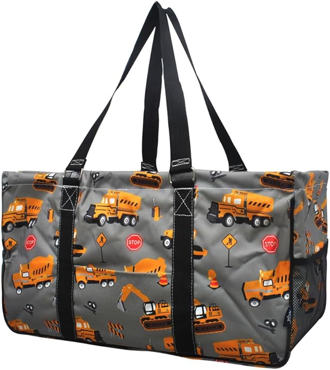 NGIL Extra Large Utility Tote Reusable Grocery Bag Oversized Collapsible for Groceries, Storage, Picnic, Beach (Construction Trucks-black)
