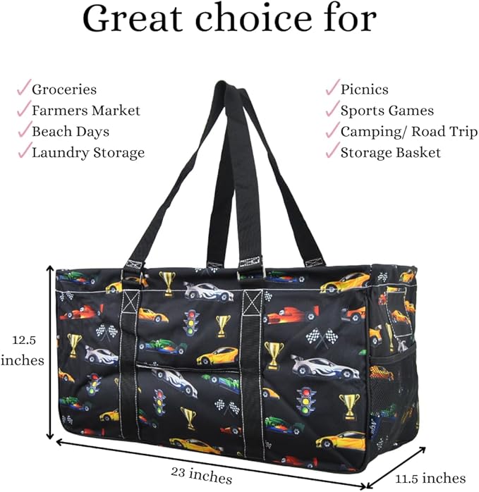 NGIL Extra Large Utility Tote Reusable Grocery Organizing Bag Oversized Collapsible for Storage, Picnic,Car, Beach (Racecar-Black)