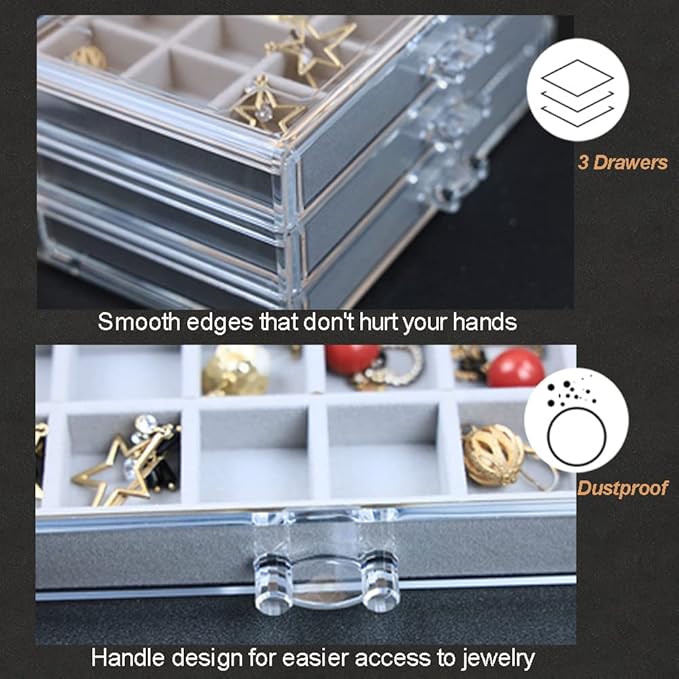 YUFONG Earring Organizer Box Acrylic Jewelry Organizer with 3 Drawers 54 Adjustable Grids Clear Stackable Earring Holder Velv
