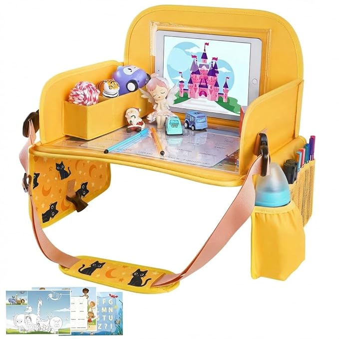 MENZOKE Kids Travel Tray for Toddler Car Seat, Toddler Gift for Boy Activities with iPad Holder Stand & Storage Pockets, Road