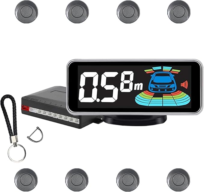 Backup Parktronic System Car Auto Vehicle Reverse with 8 Parking Sensors kit, LCD Display, Distance Detection (Meter/Foot Switchable), Buzzer Alarm and Voice Prompt Function（Dark Grey）