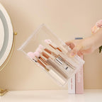 Acrylic Makeup Brush Holder with Slanted Flip-Top Lid - Clear Dustproof Cosmetic Make up Brush Organizer and Storage Box - La