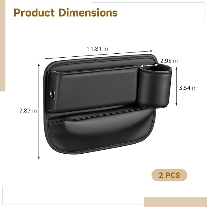 2 Pcs Car Seat Gap Filler Organizer, Leather Storage Box with Cup Holder, Cable Hole, Clutter Catcher for Cars, Black Seat Gap Storage Pockets for Driver and Passenger Seats