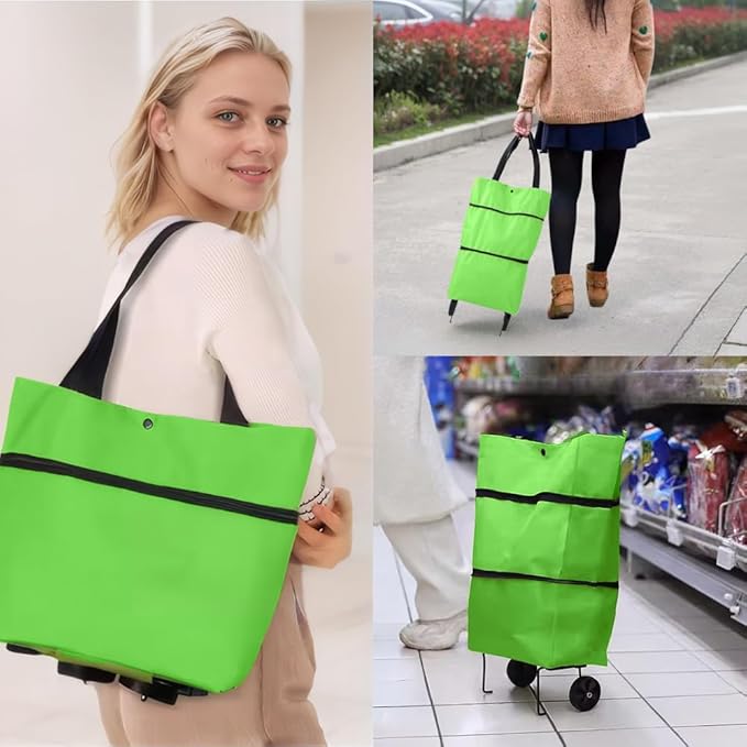 Collapsible Shopping Grocery Bag With Wheels Rolling Tote Bag With Wheels Large Reusable Shopping Bags Foldable Cart(Green,Large)