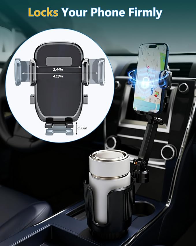 Cup Phone Holder for Car Cup Holder with Expandable Base, Detachable Dual Cellphone Holder Cupholder Car Mount with Long Arm 