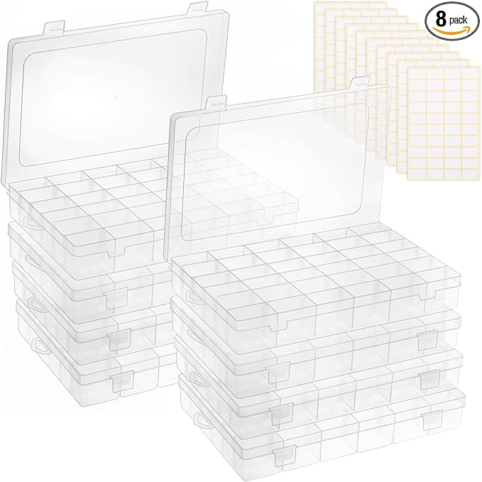 OUTUXED 8 Pack 36 Grids Clear Plastic Storage Boxes with Adjustable Dividers, Beads Storage Containers, Jewelry and DIY Craft