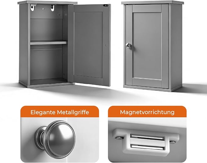 VINGLI Bathroom Wall Cabinet, Gray Medicine Cabinet with Single Door, Small Over Toilet Storage Organizer with Adjustable She