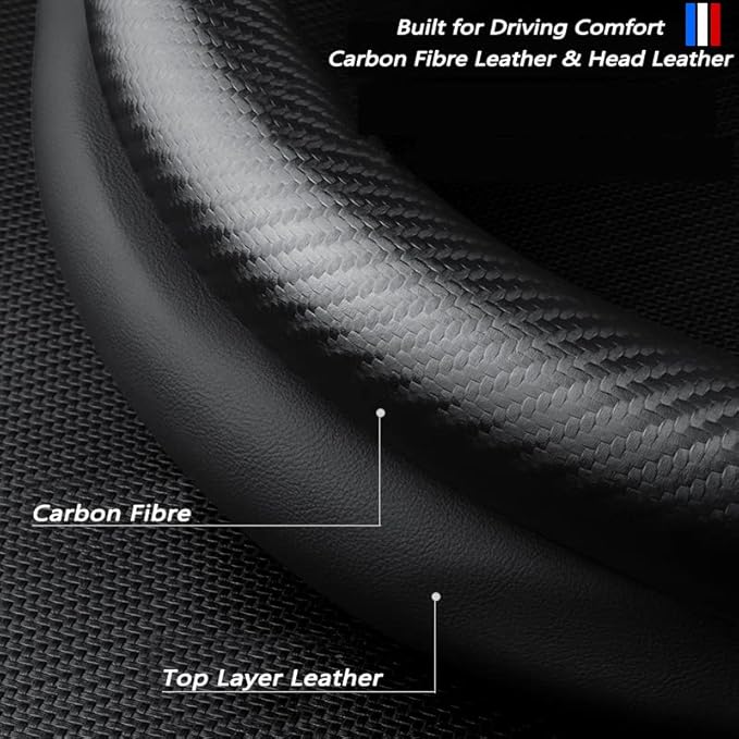 Customized Steering Wheel Cover Compatible with Mercedes-Benz, Nappa Leather & Carbon Fiber Design Car Steering Wheel Cover, with Coasters and 3-in-1 USB Fast Charging Cable (Red)