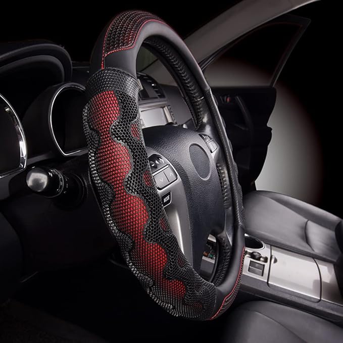 Flying Banner car Steering Wheel Cover Faux Leather Massage Universal fit 3D Honeycomb Hole Anti-Slip Sporty 15 Inches (Red w