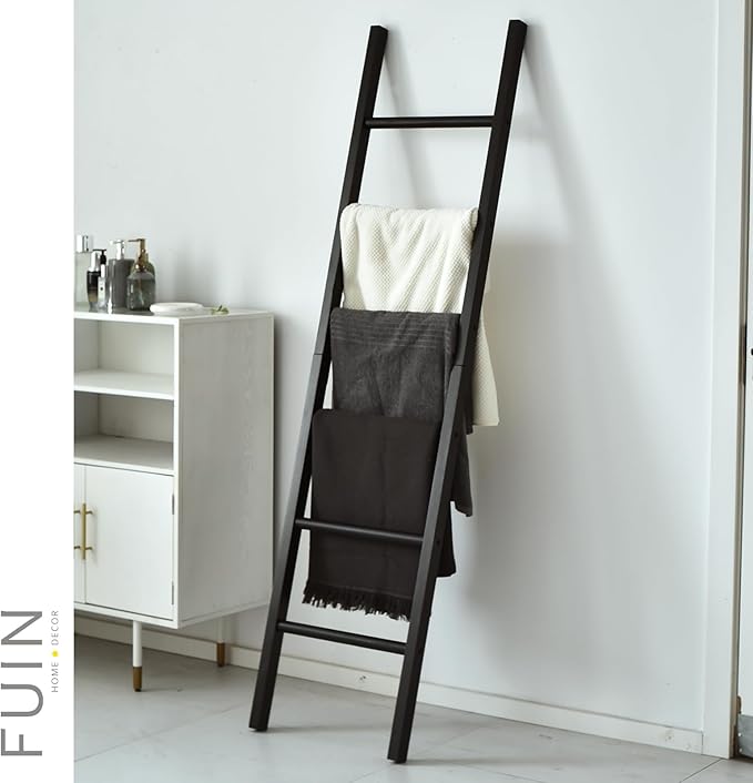 FUIN 6ft Wooden Black Blanket Ladder Living Room Decorative Wall Leaning Farmhouse Quilt Display Holder Rustic Wood Towel Rac