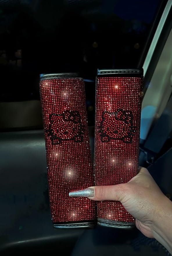 Fashion Car Ultra Bling Steering Wheel Cover with Sparkly Diamond Rhinestones, Gorgeous Accessory with Anti Slip Lining Extra Bling Especially Shiny Cat Exotic Universal (Seat Bellts Red)