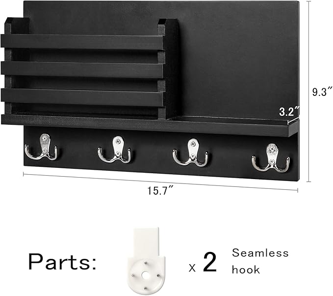 Dahey Wall Mounted Mail Holder Wooden Key Holder Rack Mail Sorter Organizer with 4 Double Key Hooks and A Floating Shelf Rust