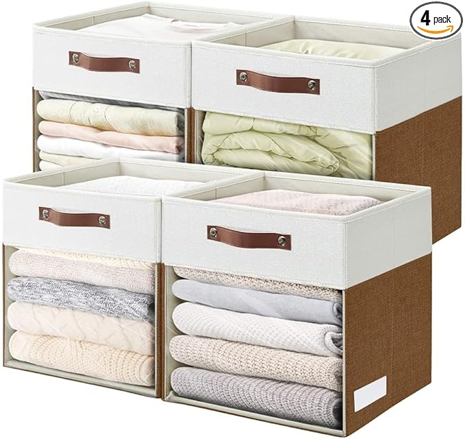 Bagnizer Storage Cubes, 4 Pack Linen Foldable Storage Bins (13 x 13 inch) with Clear Window and Handles, Fabric Organizer for