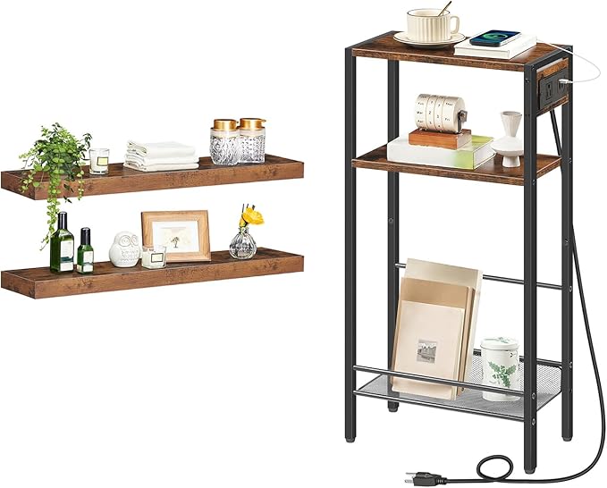 HOOBRO Floating Shelves and Console Table Bundle, Wall Mounted Shelf Set of 2, 15.7" Narrow Entryway Table with Charging Stat