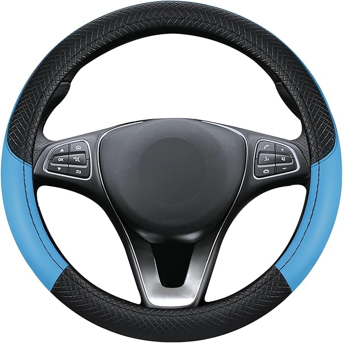Black & Blue Car Steering Wheel Cover, Microfiber, Leather Patchwork, Universal 14.5-15 Inch Leather Anti-Slip Breathable Aut