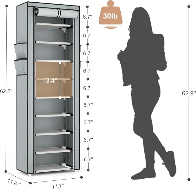 VILICK Shoe Rack with Cover Narrow Shoe Rack Organizer with 4 Side Pockets 10 Tier Tall Shoe Storage Shoe Shelf Holds 18-22 P