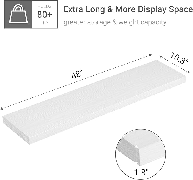 Vivelove Single Floating Shelves 48 Inches, 48 x 10 inch Deep x 1.8 in Thick, Long Wall Shelves Heavy Duty 80 lbs for Bedroom