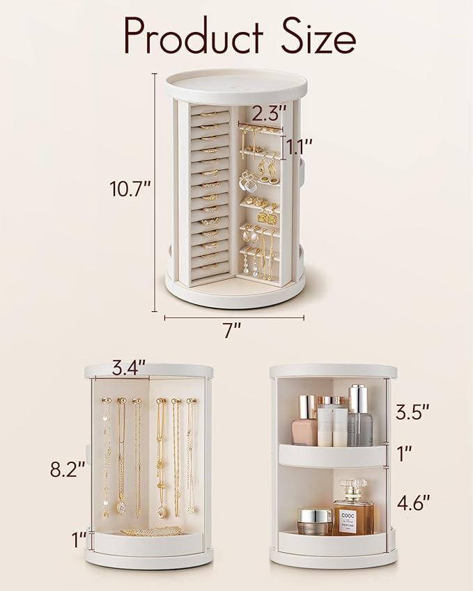 Vlando 360°Rotating Jewelry Box,Earring Organizer Large Vertical Jewelry Organizer with 6 Necklace Hooks, Open Ring Display S