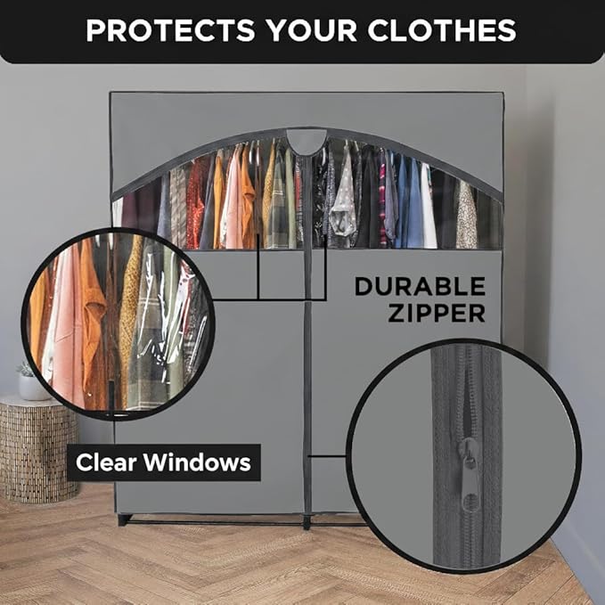 HOLDN’ STORAGE Portable Wardrobe Closet - 65 lb Large Capacity, Internal Heavy Duty Metal Rod, Zipper & Clear Window, Durable