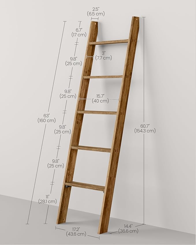 VASAGLE Blanket Ladder Decorative Farmhouse for The Living Room, 5-Tier Ladder Shelf, Ladder Rack for Storage and Decor, Hone