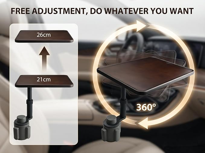 Car Desk for Laptop,360° Rotating Cup Holder Table,Walnut-Colored Wooden Car Laptop Mount,Adjustment Car Desk&Car Table Tray Compatible with Tesla Model 3/Y/S&Most Vehicles
