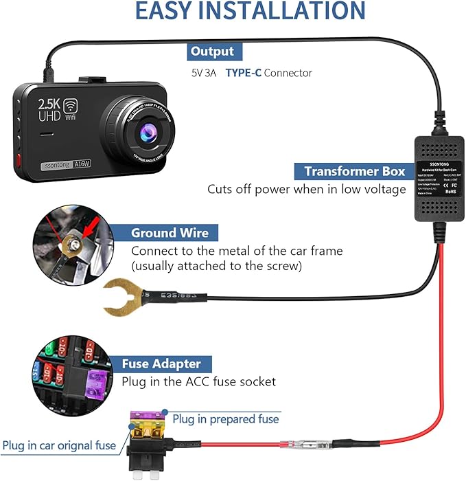 Upgraded Dash Cam Hardwire Kit, Type-C USB Hard Wire Kit 12V-24V to 5V Hardwire Kit with Low Voltage Protection 13ft Dash Cam Charger Power Cord for Dashcam GPS Power Supply Radar Detectors and More