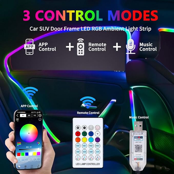 Car SUV Door Frame Ambient Light Lighting, Car Door Ambient Lights LED RGB, Automotive Auto Interior USB Neon Accent Lights Strip Accessories, App Remote Control Music Sync, Acrylic, 2 Pack*9.84ft
