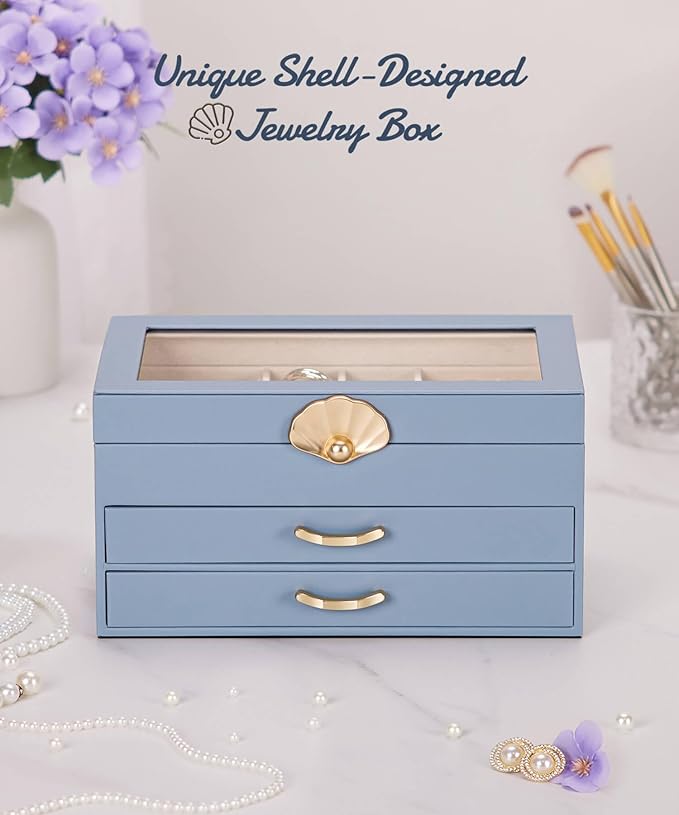 Enthralite Jewelry Box with 2 Drawers: Jewelry Display Organizer for Earrings Necklaces - Gifts for Girls Women (Grey Blue)