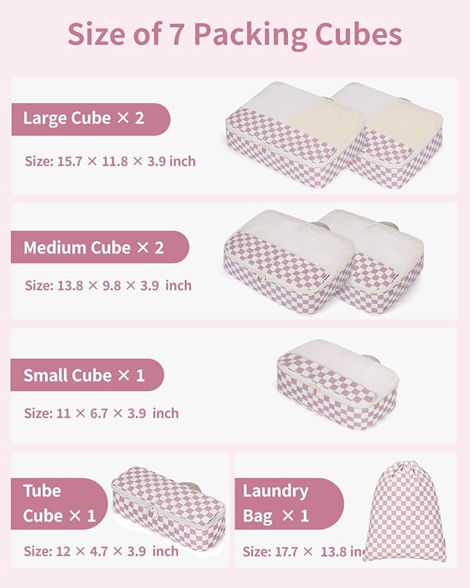 Narwey 7 Set Checkered Packing Cubes for Travel Carry on Suitcase Luggage Organizer Bags for Kids Women Men, Durable Packing 
