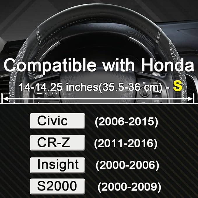 West Llama Customized Auto Car Steering Wheel Cover for Honda Civic, CR-Z, Insight, S2000, 14" - 14.25" (Diamond Quilted-Blac