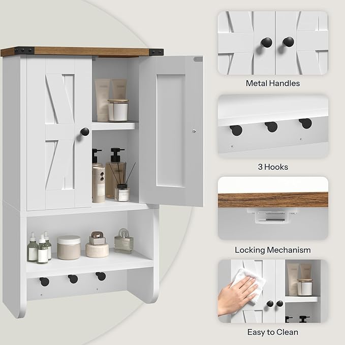 MAHANCRIS Bathroom Wall Cabinet, Farmhouse Medicine Cabinet with Adjustable Shelf, 3-Tier Wall-Mounted Storage Cabinet with 3