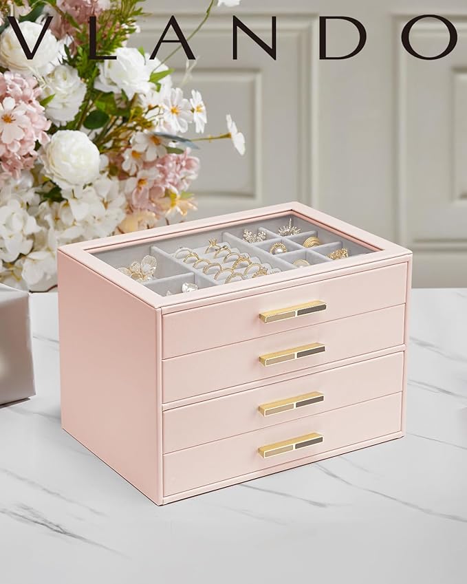 Vlando 4 Layer Jewelry Box for Women, Glass Lid Jewelry Organizer with 4 Drawers for Necklaces Rings Earrings Bracelets - Dar