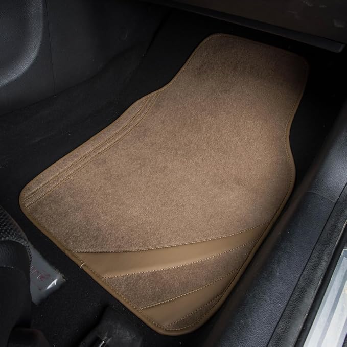 CAR PASS Beige Car Floor Mats, Edge Leather Waterproof Car Mats with Double Stitch Line and Anti-Slip Backing Design, Fit 95%