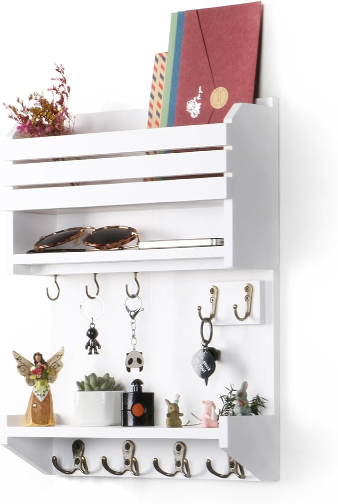 Key Holder, Wall Mounted Mail Organizer, Keys Holder on Wall with 9 Key Hooks, White