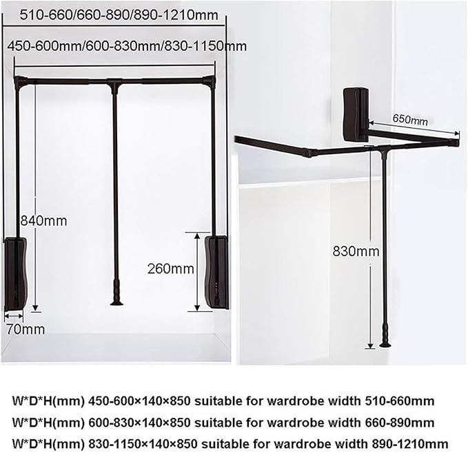 Pull-Down Wardrobe Clothes Rail - Extendable Pull Out Closet Rod, Wardrobe Clothes Hanger Rail Soft Return, Metal Wardrobe Li