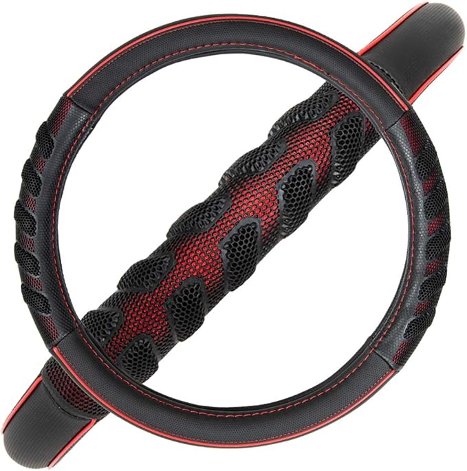 Flying Banner car Steering Wheel Cover Faux Leather Massage Universal fit 3D Honeycomb Hole Anti-Slip Sporty 15 Inches (Red B