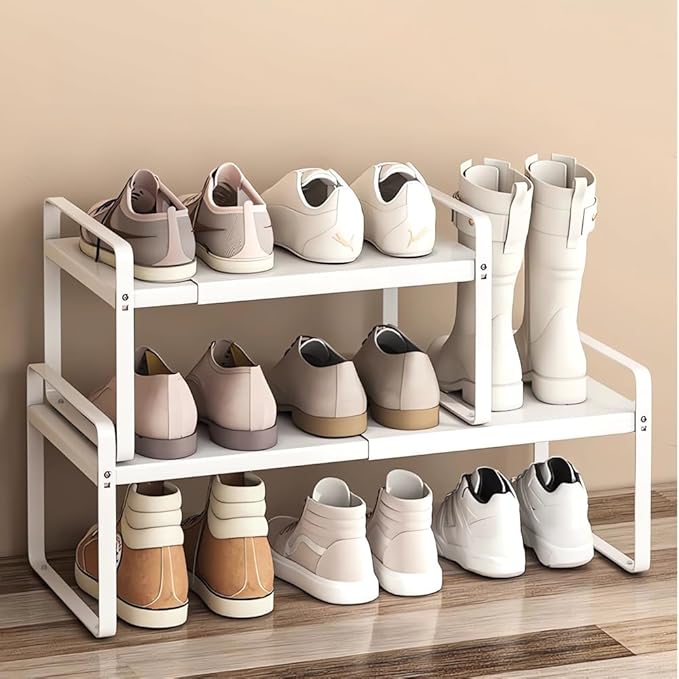 Expandable 1-Tier Metal Shoe Rack (H:7"), Adjustable Width 14.9"–23.6", Heavy-Duty Free-Standing Shoe Shelf for Closet, Entry