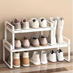 Expandable 1-Tier Metal Shoe Rack (H:7"), Adjustable Width 14.9"–23.6", Heavy-Duty Free-Standing Shoe Shelf for Closet, Entry