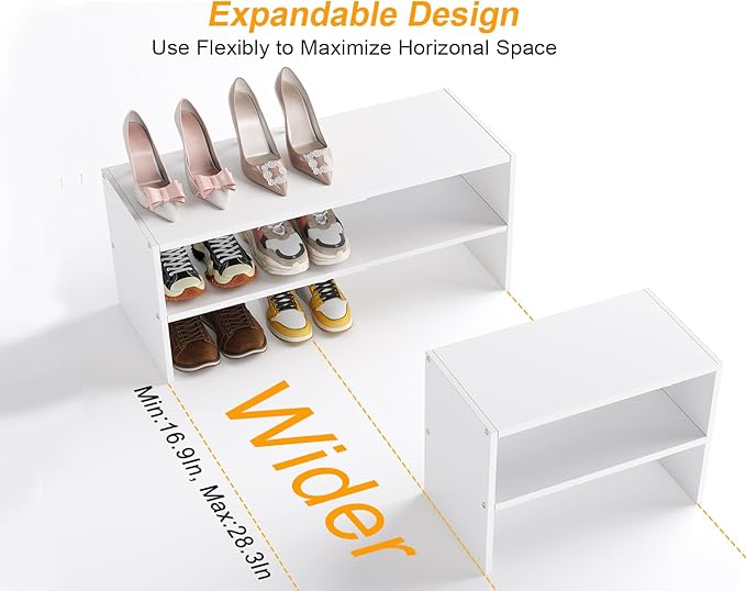 White Shoe Rack Organizer for Closet, 2-Tier Expandable Shoe Shelf, Stackable Iron Wood Combination Small Shoe Racks Shelves 