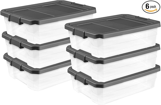 Sterilite 6-Pack Modular Stacker Box, Durable Clear Plastic Storage Bins with Latching Lids, 40 Quart - Stackable Organizing 