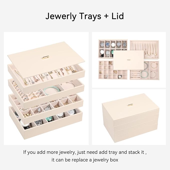 Voova Stackable Jewelry Organizer Tray with Lid, PU Leather Jewelry Storage Holder for Drawer Inserts, Jewellery Display Box 