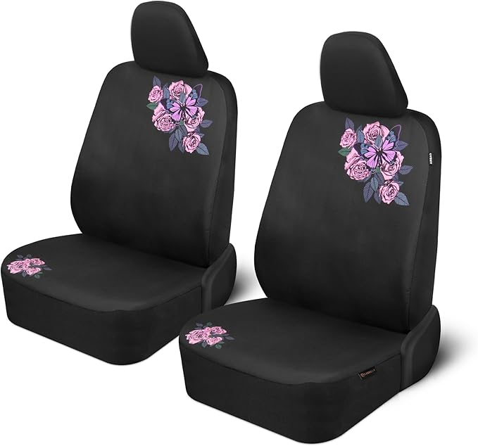 BDK Pink Butterfly & Flowers Car Seat Covers, Cute Car Accessories for Women Front Seat Covers for Car Fits Most Cars Trucks 