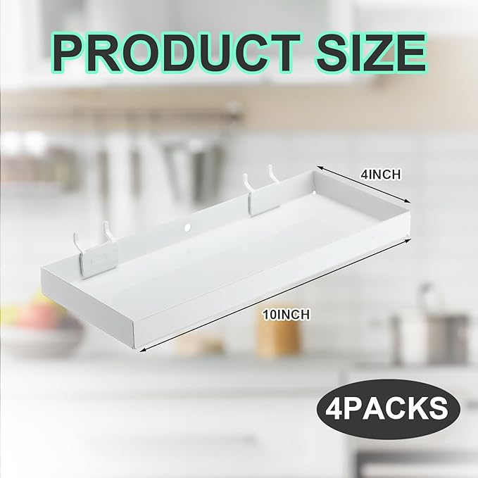 Blulu 4 Pcs Pegboard Shelves, 10 x 4 Inch Metal Heavy Duty Wall Mounted Pegboard Shelf Tray Accessories with Lip for Craft Ro